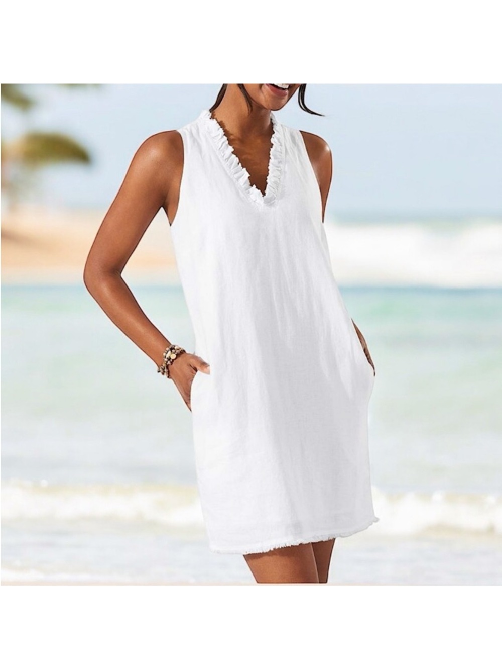 Tommy Bahama White Linen Sleeveless V-Neck Ruffle Trim Dress Medium